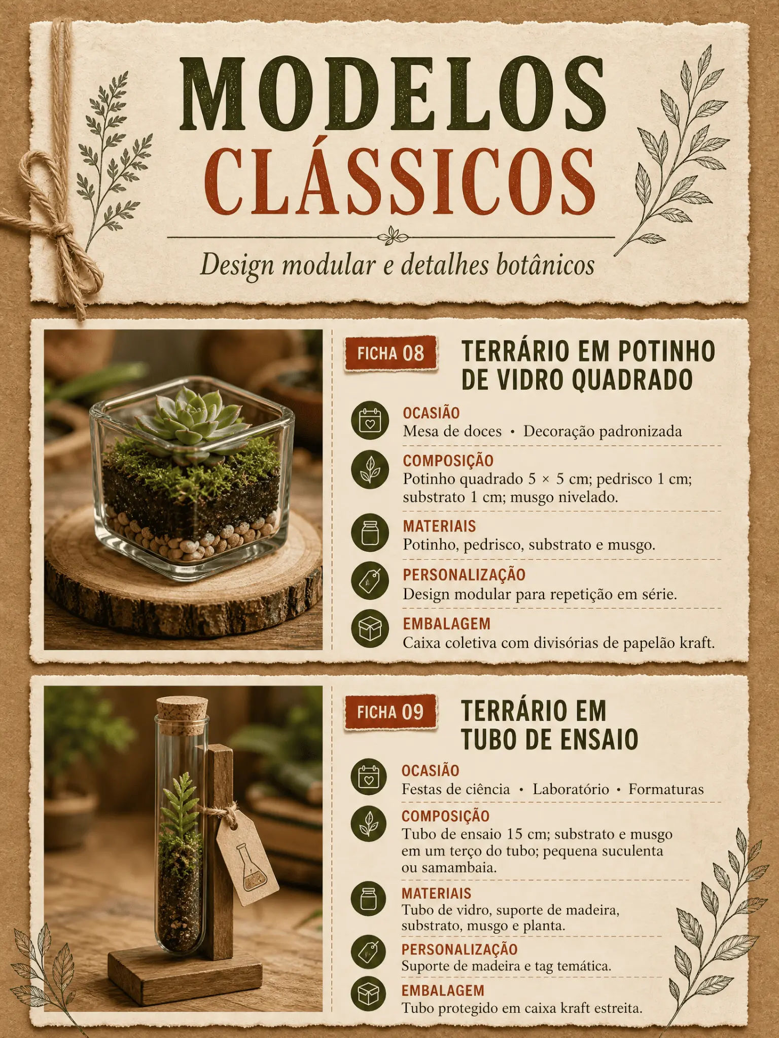 Ficha técnica de terrário em potinho quadrado e tubo de ensaio