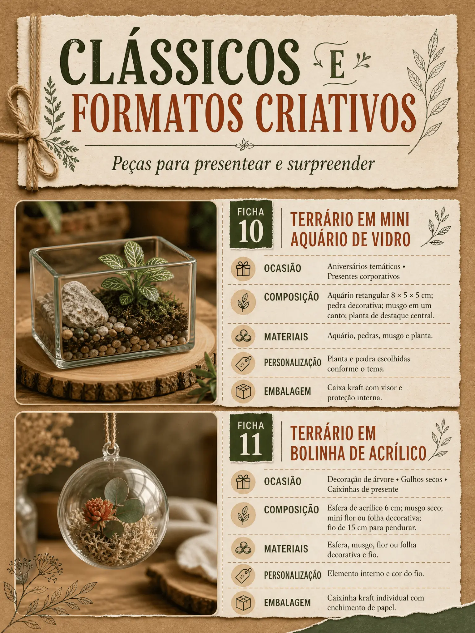 Ficha técnica de mini aquário de vidro e terrário em bolinha