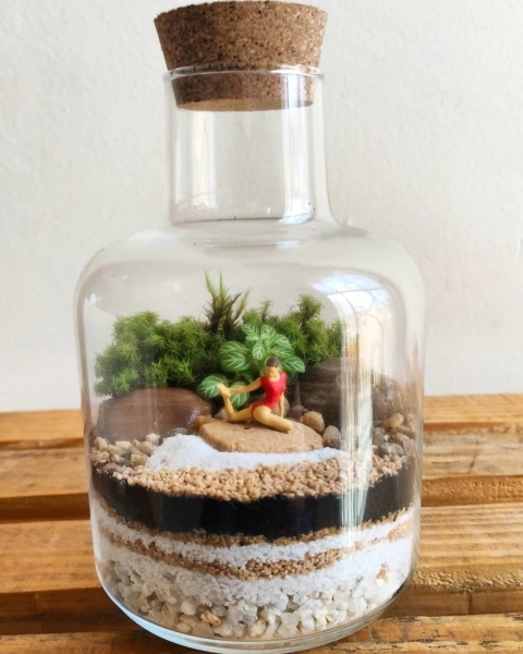 Mini terrário tema praia com miniatura, sobre tábua de madeira